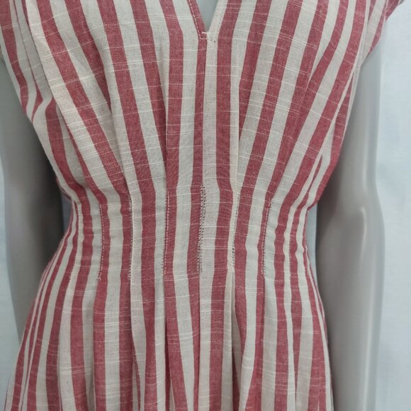 Max Studio Striped Midi Day Dress Small Red Cream Cottagecore V Neck Sash Tie - Picture 4 of 11